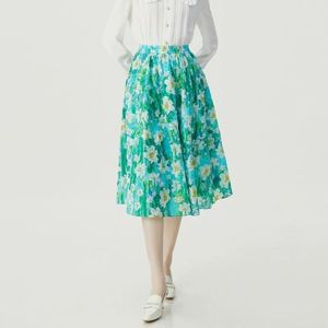 Elegant High Waist Midi A-Line Skirt Floral Print Umbrella Skirt Womens Cotton Blend Versatile Style New 2024 Summer Skirt
