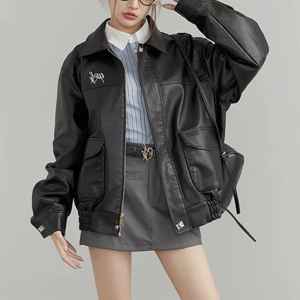 Áo Khoác Da PU Màu Đen Thời Trang Nữ Đầu Thu Đa Năng Phong Cách Mỹ Lười Biếng Áo Khoác Xe Máy Áo Khoác Bóng Chày