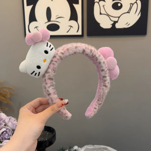 Pink Leopard Print Plush KT Cat Hairband Feminine Face Washing Hair Clip Womens High Hairline Headband Hair Accessory