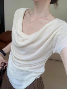 French White Collar Knitted Short Sleeve Summer Thin Waist-length T-shirt for Women with Regular Slim Fit and One-word Collar