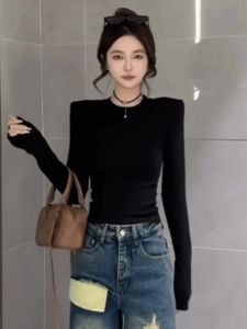 Shoulder Pad T-Shirt Womens Slim Fit Short Style Base Fashion Unique Autumn Winter Top Korean Style round Neck Long Sleeve