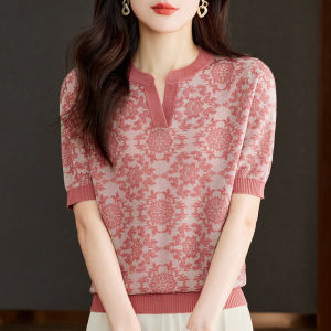 Silk Short Sleeve T-Shirt Women Summer Thin Mommy Style Loose Large Size Fashion Print Knitwear Silk Top Ice Silk