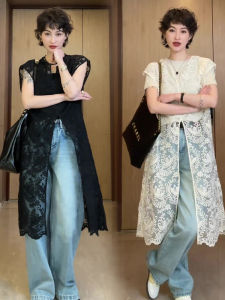 Casual Womens Mid-Length Lace Shirt Spring Autumn New Style Fashionable Open Split Dress Layering Loose Fit French Style round Neck Sleeveless