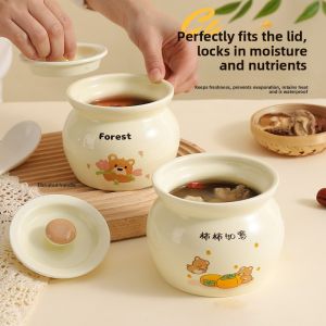 MONLEYTA | Cốc nồi nấu chậm bằng gốm sứ dung tích lớn dùng một người nấu súp có nắp Cốc nấu trứng hấp Canh sâm hoa gia dụng