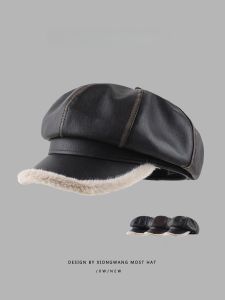 Stylish Retro PU Leather Plaid Newsboy Cap Versatile Octagonal Beret Hat Trendy Spring Autumn Winter Streetwear for Youth Couples