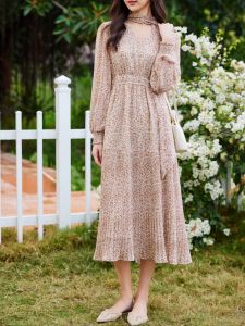 WANGGONGZHU | Elegant Floral Print Chiffon Dress Womens Summer 2025 New Style Belted Long Sleeve Slimming Maxi Dress Princess Style