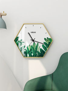 Modern Nordic Style Living Room Wall Clock Hexagonal Crystal Porcelain Art Bedroom Plant Silent Clock Home Decorative Accessories