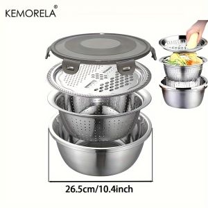 4-in-1 Stainless Steel Multifunctional Basin with Lid Airtight Rice Washer Drain Colander Ginger & Cheese Grater Cooking Tools