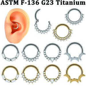 1PC Heart/Round/Squre Zirconia Paved Nose Septum F-136 Implant Titanium 16G Moon Hinger Ear Cartilage Daith Helix Conch Earring