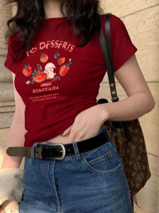 เสื้อยืดแขนสั้นทรงสลิมฟิตผ้าฝ้ายแท้สไตล์อเมริกันสำหรับผู้หญิงในช่วงฤดูร้อน เสื้อคอตตอนพิมพ์ลายสั้นเข้ารูป เสื้อตัวบนหวานและเผ็ดร้อน