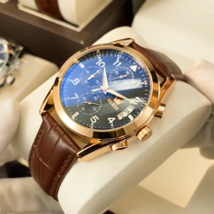OLEVS Jam Tangan Pria Original Anti Air Kulit Tahan Keren Luminous Hitam Coklat Luxury Chronograph 2878