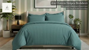 SevHome Hotel Quality 4 in 1 Plain Green Stripes Bedsheet Sets | Cotton 400 Thread Count | Beddings Bed sheet set with 1 Fitted Sheet with Garter 1 Duvet Comforter Quilt Cover 2 Pillow case | Size Single Double Queen King