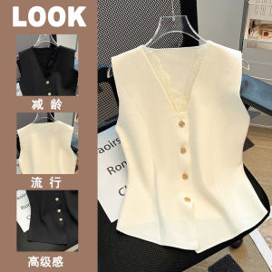 Luxurious Lace Patchwork Sleeveless Vest Womens Outerwear Layering High-End Feel Top Korean Style Slim Fit V-neck Silk