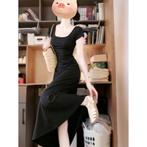 SUHUIQIAN | Slimming Black French Collar A-line Long Dress
