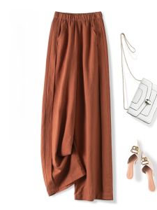 TUOYUN | Orange Tencel Linen Wide Leg Pants Women Summer Thin Loose Straight Cut Elastic Waist Casual Style High Waist Pocket Detail