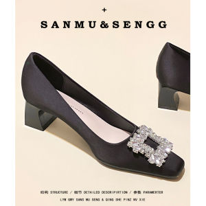 รองเท้าส้นสูงหัวเหลี่ยมประดับคริสตัลสีเปล่าสำหรับผู้หญิง ฤดูใบไม้ร่วง/ฤดูหนาว รองเท้าส้นกลางแบบลำลอง รองเท้าแต่งงาน รองเท้าส้นแบน รองเท้าส้นแบน