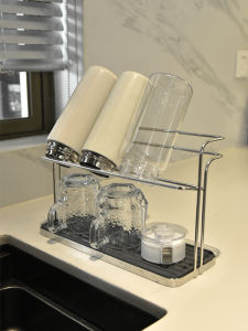 Double Layer Stainless Steel Cup Draining Rack Desktop Inverted Insulation Cup Holder Kitchen Tea Cup Water Bottle Storage Rack