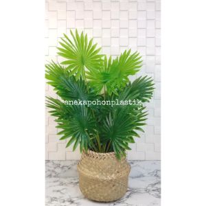 Pohon Hias Daun Palem Kipas Sadeng X18 Semi Latex Artificial Cover Pot Anyaman Purun Belly Handle Tanaman Imitasi Plastik Dekorasi