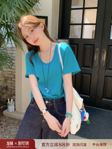 เสื้อยืดคอวีแขนสั้นผ้าฝ้ายลินินสีน้ำเงินสำหรับผู้หญิงในช่วงฤดูร้อนปี 2025 เสื้อแขนสั้นหลวมๆ ทรงหลวมๆ คอวีใหญ่