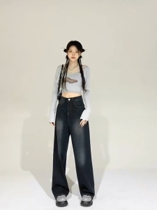 【Hermarou】Plus Size S-6XL Korean High Waist Wide Leg Jeans Women Baggy Jeans Casual Loose Straight Slacks Trousers