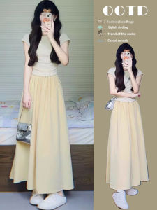 2024 Summer Fashion Korean-style Womens Outfit: High-Waist Midi Dress with Short Sleeves and A-Line Skirt Two-Piece Set