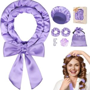 ที่ม้วนผมแบบไม่ใช้ความร้อน ซาติน แฮร์ เคิร์ลเลอร์ สำหรับม้วนผมข้ามคืน ชุดม้วนผมแบบไม่ใช้ความร้อนสำหรับผมยาว-8 ชิ้น สีม่วง