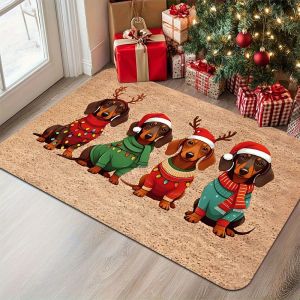 Tấm Thảm Chùi Chân Giáng Sinh VIKAMA Với Hình Bốn Chú Chó Dachshund Áo Len Giáng Sinh Họa Tiết Gạc Nai Chất Liệu Polyester Bền Chắc Dùng Cho Cửa Trước Hiên Nhà Trang Trí Nhà Cửa.