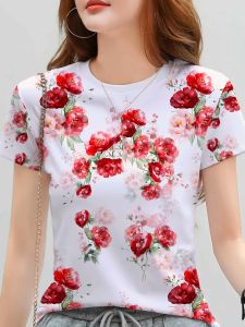 Womens Tee - Red & Pink Floral Pattern Graphic Elegant Watercolor Garden Design for Casual Daily Wear