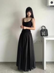High Waist Black Elastic Waist Long Dress for Women with A-Line Cut Easy to Match Pure Color Material Composition