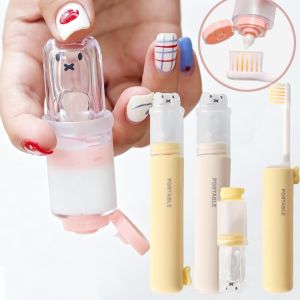 Outdoor Camping Travel Oral Care Kit / 2-in-1 Portable Toothbrush Equipped Toothpaste Dispenser / Compact Reusable Accessory for Short Trips