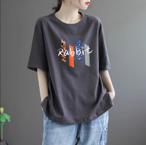 Loose Fit Pure Cotton Short Sleeve T-Shirt Artistic Versatile Womens Fashion Top Summer Wardrobe Essential round Neck Tee