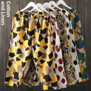 Artistic Harlan Pants Cotton Linen Loose Casual Slimming Versatile Womens Print Nine Point Harlan Pants Ethnic Style High Waist Loose Fit Straight Leg