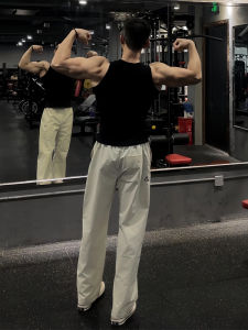 Black Muscle-Building Fitness Vest Mens Summer American Heavyweight Threaded Sleeveless T-Shirt Sportswear Youth Trendy Brand