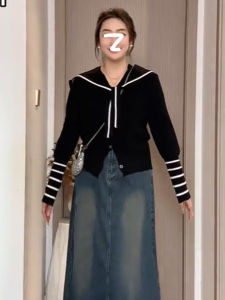 Fashionable Large Size Womens Navy Collar Knitted Sweater And Shawl Two-Piece Set Slimming Top Trendy Korean Style Long Sleeve