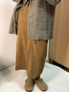 Maillard Womens Brown Skirt Fall and Winter High Waist Straight Mid-Length Corduroy A- line Slit Office Lady Skirt