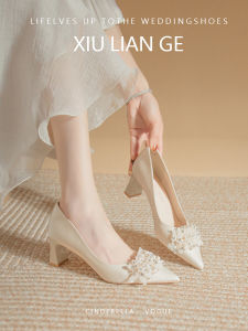 French Satin Single Shoes Womens Daily Wear Maids of Honor Brides White Wedding Shoes High Heels Adult Ceremony Shoes