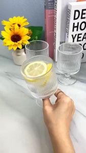 พร้อมส่ง แก้วเครื่องดื่มเย็นทรงเตี้ย ลายเส้นตรงสุดน่ารัก สไตล์เกาหลีมินิมอ200ml