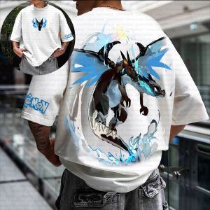 Bandai | Summer 2026 Pokemon Cotton T Shirt Charizard Back Print Blue Glow Effects Sleeve Pokemon Text Loose Fit Men Casual Streetwear