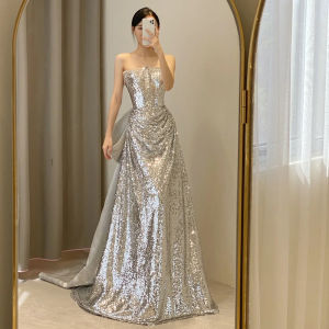 ชุดราตรีงานแต่งงานประดับเลื่อมสีเงินสไตล์เกาหลี ชุดเดรสยาวสายเดี่ยวเอวกลาง ชุดราตรีสำหรับงานปาร์ตี้และงานวันเกิด