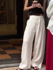White Pure Linen Casual Pants Women Summer Thin New Versatile Commute High Waist Slim Loose Wide Leg Long Pants