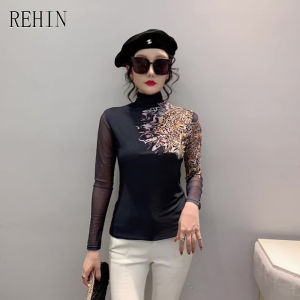 REHIN Womens top Autumn new slim fit high-neck fashion printing mesh long-sleeved T-shirt cotton blouse