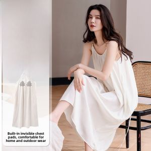 Miiow | Cat Woman Ice Silk Sleep Dress Women Summer Cool Sensation Breathable With Chest Pad Strap Long High-End Feeling Ladies Nightgown