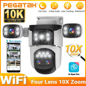 20MP 10K 4-Lens WiFi Security Camera Outdoor 10X Zoom Auto Tracking 4-Screen Display Waterproof CCTV Full Color Night Vision