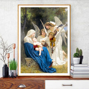 ฉากทางศาสนาคลาสสิก Madonna Holding Baby และ Angel Cross-Stitch วัสดุแพคเกจ DIY ชุดปักมือ พิมพ์ปัก