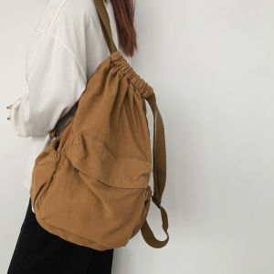 Japanese Style Casual Washed Canvas Backpack Drawstring Pocket Slouchy Drop Feeling Pure Color Leisure Retro Double Shoulder Bag