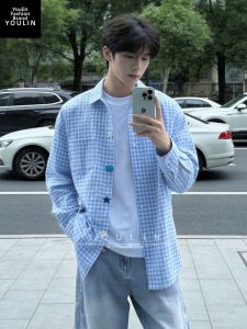 YOULIN | Youthful Light Blue Checkered Mens Shirt Bubble Fabric Sun Protection