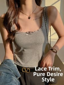 Miiow | Slim Fit Tank Top Strap Womens Summer Thin Lace Trim Sleeveless Shirt Cover Side Breast Beautiful Back Butterfly Knot Sweet Style