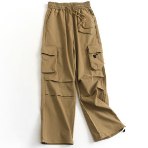 กางเกงทำงานทรงหลวมเอวยางยืดมีซิปกระเป๋าข้างสำหรับผู้หญิง กางเกงขายาวลำลองสีพื้น กางเกงขายาวทรงหลวมสำหรับผู้หญิง
