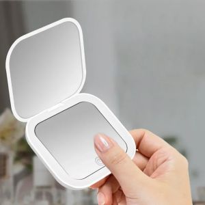 Compact Small Mini Travel Folding Vanity Cosmetic Mirror with Lights Portable Handheld Pocket LED Makeup Mirror 2X Magnifying