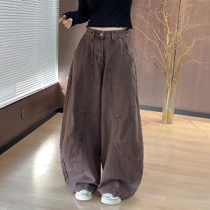Fashionable High Street Wide Leg Jeans Womens Autumn New Style Belted Knife Edge Washed Denim Pants Casual Straight Cut Trousers